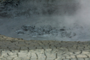Panorama of geothermal area Hverar&ouml;nd (Hverir), situated by the orange-red clay coloured tuff mountain Namafjall south of N&aacute;maskar&eth; in Iceland, with details and patterns