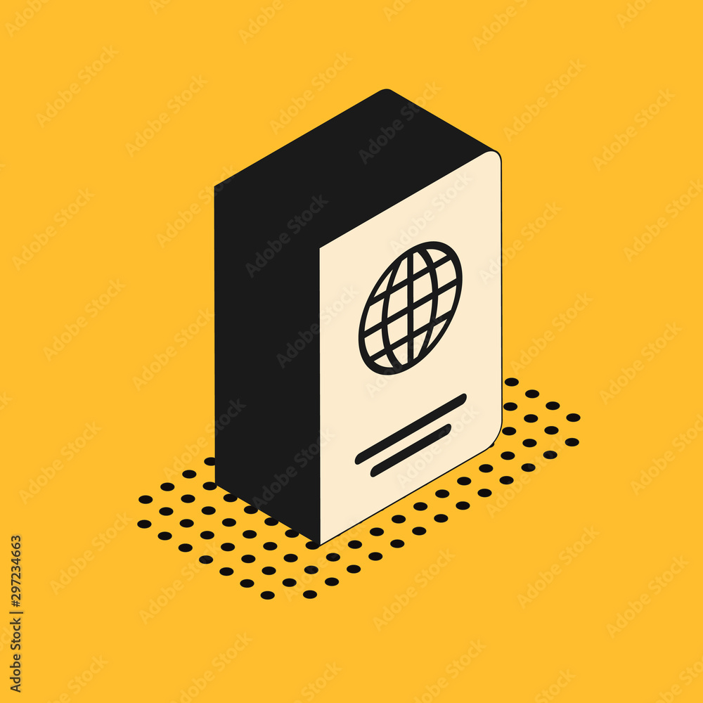 Aufkleber isometric passport with biometric data icon isolated on yellow background. identification document. 