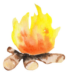 bonfire. hand drawing campfire for prints and design. watercolor illustration, natural materials and man-made influence. rest and hike.
