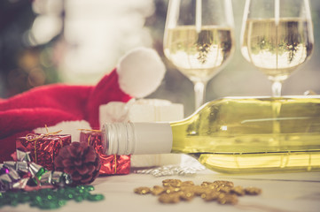 Christmas and new year eve party with champagne and ornament decorate tree