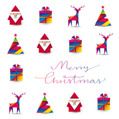 Święty Mikołaj, renifer, choinka i prezent origami. Kartka z życzeniami wektor. - obrazy, fototapety, plakaty