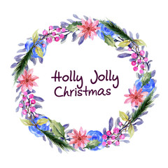 Hand drawn sweet watercolor seamless holiday pattern with different berry poinsettia flowers and leaves wreath