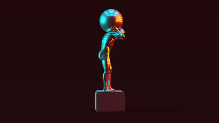 Silver Atlas Statue Holding up the Celestial Heavens Right View with Red Orange and Blue Green Moody 80s lighting