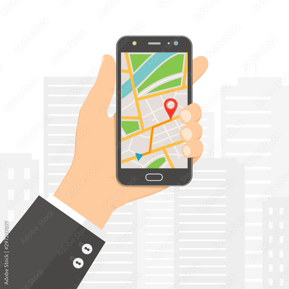 Aufkleber hand holding smartphone with gps navigation map on screen. mobile navigation concept. flat vector il