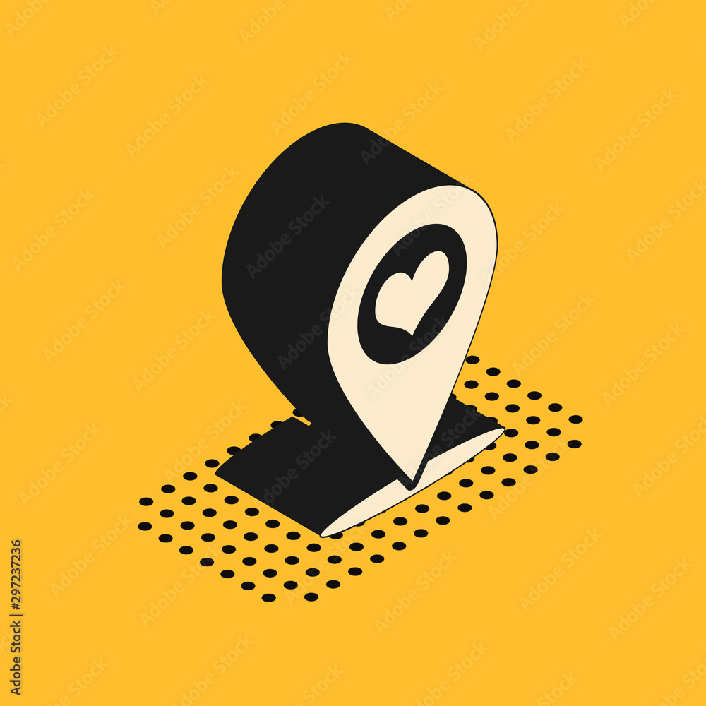 Poster isometric map pointer with heart icon isolated on yellow background. vector illustration