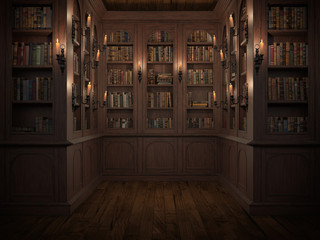 Fototapeta Mysterious library with candle lighting. With vintage books obraz