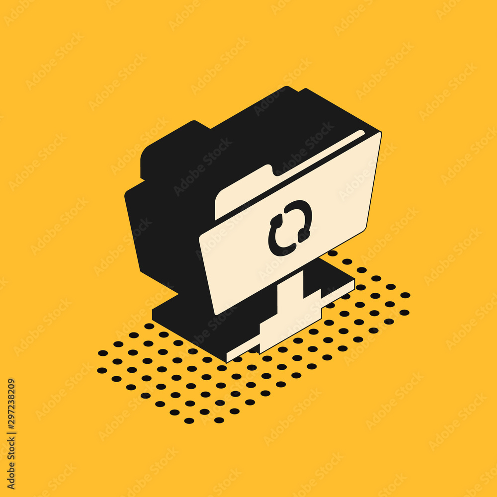 Poster isometric ftp sync refresh icon isolated on yellow background. software update, transfer protocol, r