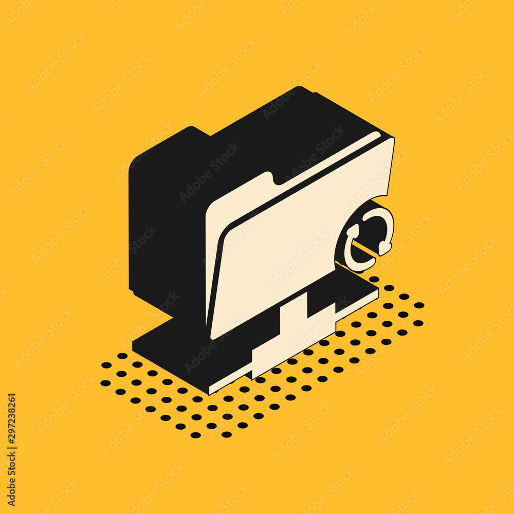 Poster isometric ftp sync refresh icon isolated on yellow background. software update, transfer protocol, r