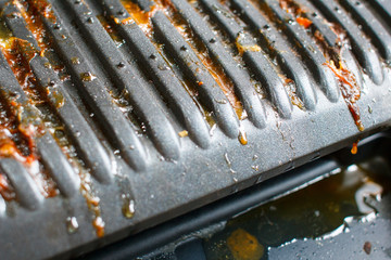 Dirty electric grill. Fat spots on a frying pan. Drops of fat.