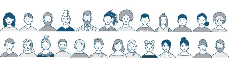 Decorative diverse women's and men's head seamless pattern frame border background.