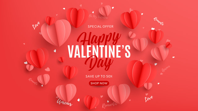 Happy Valentine's Day sale banner in paper art style. Realistic red and pink paper hearts on pink background. Festive vector illustration.