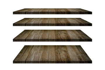 Wood shelves table top collection isolated on white background. Clipping path include in this image.