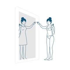 Virtual shopping scene with female character. Woman wears virtual dress and admires her look in the mirror. Vector illustration, flat style.