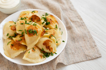 Homemade traditional polish fried potato pierogies on a white plate, low angle view. Space for text.