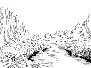 Canyon river graphic black white desert mountain landscape sketch illustration vector © aluna1