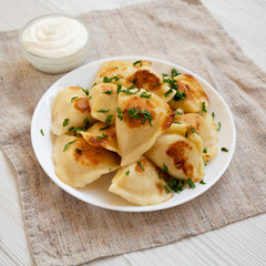 Homemade traditional polish fried potato pierogies on a white plate with sour cream, low angle view. Close-up.