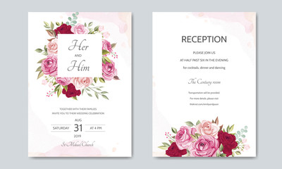 Obraz na płótnie Canvas wedding card template with beautiful roses and leaves