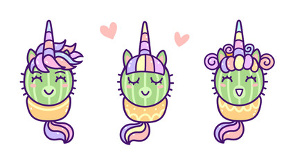 Little kawaii unicorn cactus smiling sets, happy cartoon vector