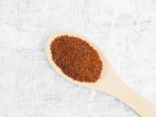 Spices and herbs help maintain good health and improve appetite, top view on white concrete background. Mustard seeds in wooden spoon. Modern apothecary, naturopathy and ayurveda concept.