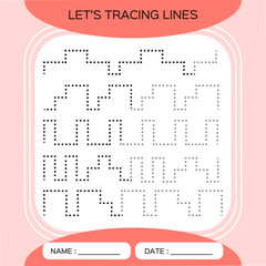 Tracing Lines Activity For Early Years. Preschool worksheet for practicing fine motor skills.Tracing dashed lines. Improving skills tasks. Complete the pattern.Vector A4 ready to print. Red.