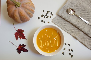 Directly above shot of pumpkin and pumpkin soup on white background