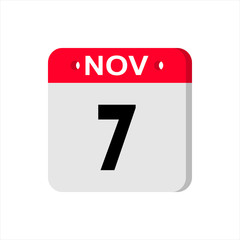 November 7 - Calendar Icon. Calendar Icon with shadow. Flat style. Date, day and month. Reminder. Vector illustration. Organizer application, app symbol. Ui. User interface sign.