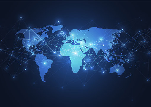 Fototapeta Globalne połączenie sieciowe. Koncepcja punktu i linii na mapie świata w globalnym biznesie. Ilustracja wektorowa
