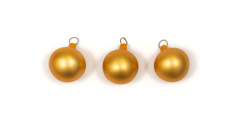 Christmas decoration concept. Three small christmas golden baubles isolated on white background.