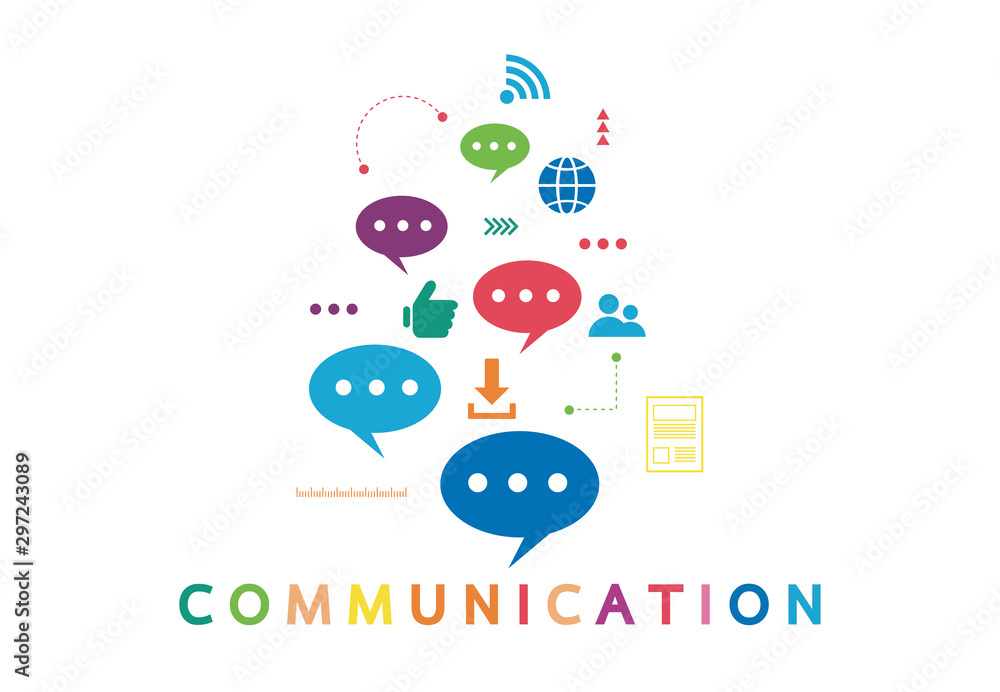 Poster vector illustration of a communication concept. the word communication with colorful dialog speech b