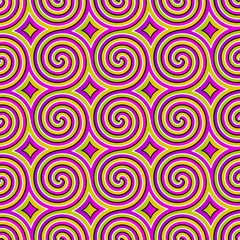 Colorful spirals. Optical illusion. Seamless pattern.