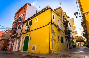 Fototapeta na wymiar Majorca, Spain - January 8, 2019: Colorful houses in the old town of Palma de Majorca, Balearic Islands