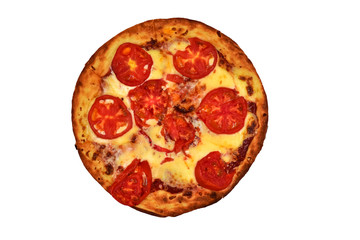 Pizza with sauce, cheese and tomatoes isolated on white background