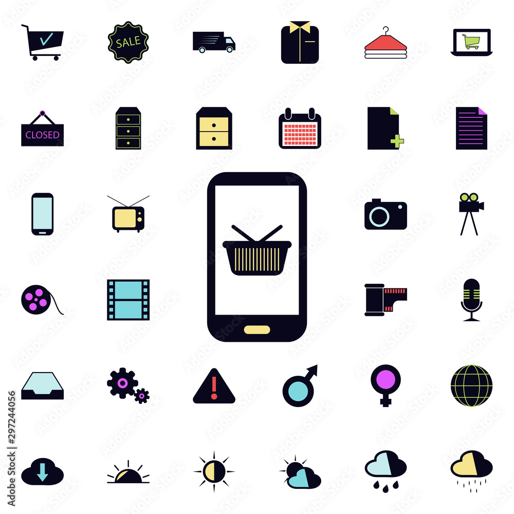 Poster mobile shopping icon. universal set of web for website design and development, app development