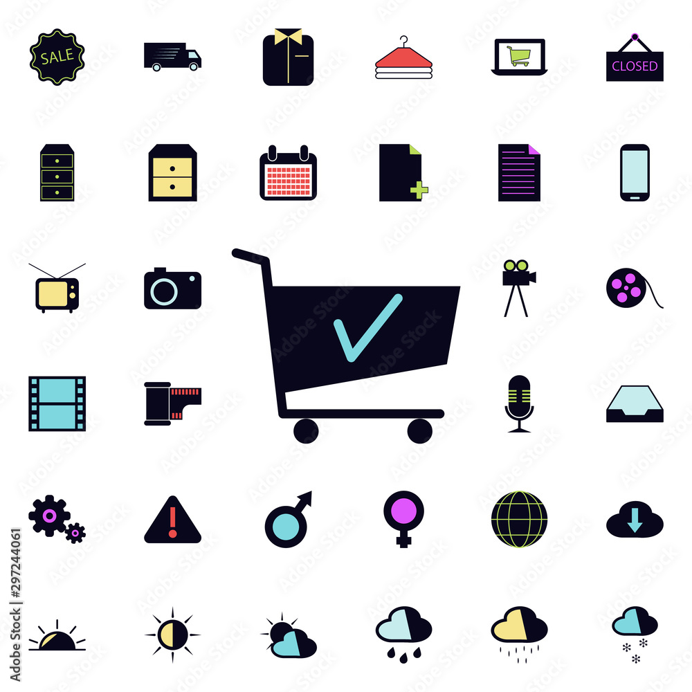 Poster shopping trolley and tick icon. universal set of web for website design and development, app develop