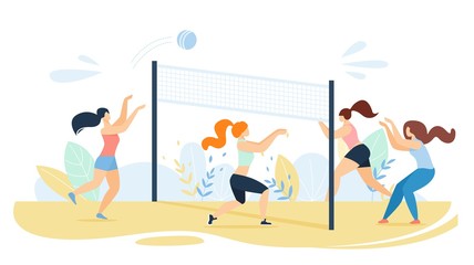 Fototapeta na wymiar Cartoon Women Team Characters Playing Volleyball