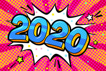 New Year greating card. Blue numbers 2020 in word bubble.