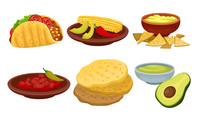 Mexican Traditional Food Items Vector Set Isolated On White Background