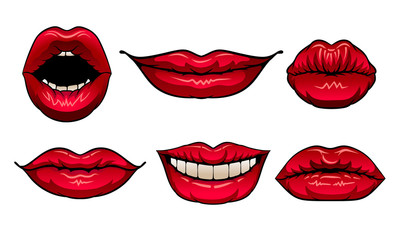 Red Woman Lips Showing Different Emotions Vector Illustrated Set