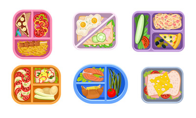 Lunchbox Containers Set With Bright Content. View From Above Lunch Concepts