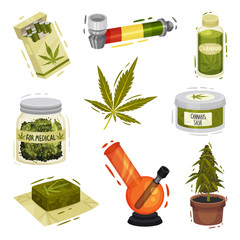Cannabis Plant Things and Items Vector Illustrated Set