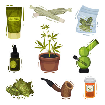 Cannabis Plant Things and Items Vector Illustrated Set