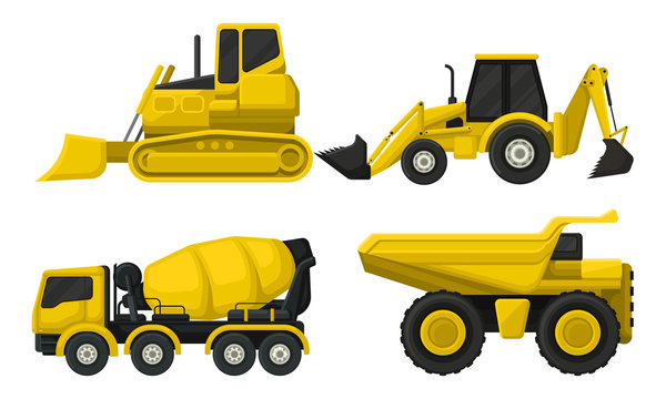 Special Vehicles Vector Isolated Set. Heavy Machinery Equipment For Road Construction