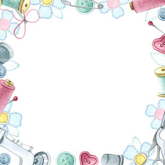 watercolor illustration frame sewing and embroidery.
