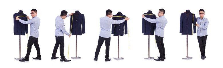 Funny male tailor on white