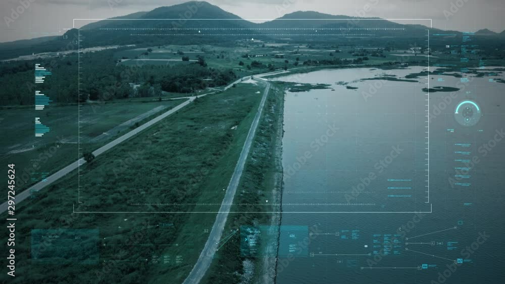 Poster aerial view scenic landscape of the reservoir dam and drone user interface with graph bar scale for 