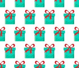 Seamless pattern different gift boxes in vector. Gift in flat style. Collection for Christmas, birthday and holidays. Christmas and new year background. Present box with bow. Cartoon