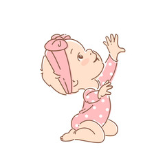 Cute little baby girl in bow, diaper, sit, pull hand up. 