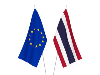 National fabric flags of European Union and Thailand isolated on white background. 3d rendering illustration.