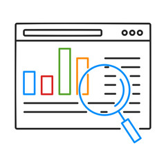 Search Engine Optimization SEO concept. SEO reporting, data monitoring, web traffic analytics, Seo optimization. Outline thin line illustration. Isolated on white background. 