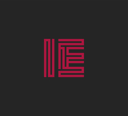 Initial two letter red line shape logo on black vector IE